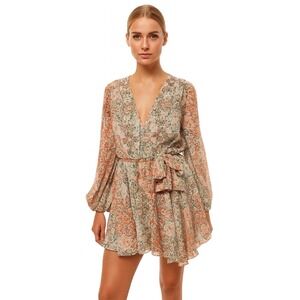 MISA Los Angeles Floral Barroco Print V Neck Long Sleeve Belted Mini Dress XS
